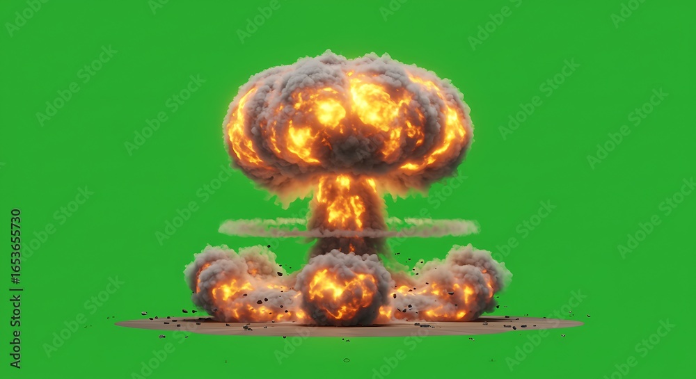 Fototapeta premium Explosive Nuclear Explosion with Fire and Smoke on Green Screen Background