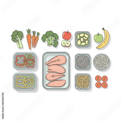 Explore a balanced diet featuring fresh salmon fillets, colorful vegetables, grains, and fruits, perfect for healthy meal planning and promoting wellness through wholesome foods