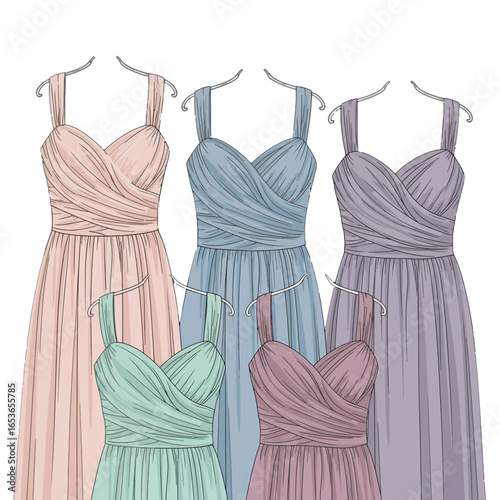 Elegant bridesmaid dresses in pastel hues for sophisticated weddings, perfect for fashion bloggers and bridal boutiques, a modern take on classic formal wear designs