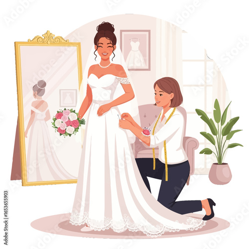 Stunning bride getting final dress alterations by talented seamstress, capturing a moment of joy and anticipation before the big day, perfect for wedding themes