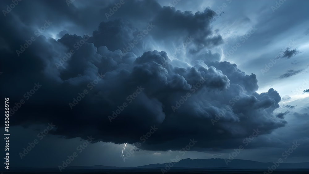 Obraz premium Dramatic thunderstorm with lightning strike illuminating the dark clouds over distant mountains