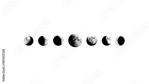Illustration of the lunar phases in a grayscale format on a white background showing the moon cycle