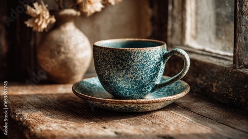 Rustic blue teacup and saucer on weathered windowsill