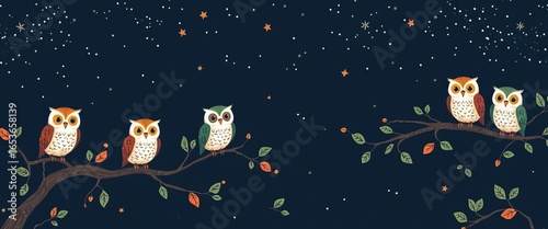 Charming owls perched on branches under a dark, starry night sky, whimsical seamless pattern,  printable,  whimsical