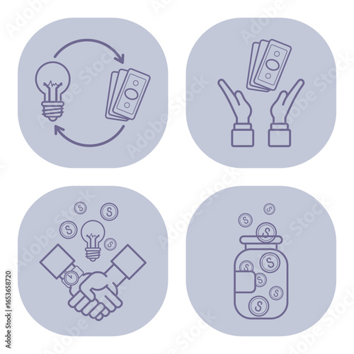 Collection of line icons illustrating financial themes such as idea exchange, money management, and investment strategies