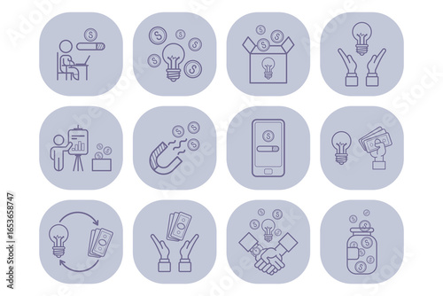 Collection of line icons representing various business concepts such as finance, innovation, and collaboration
