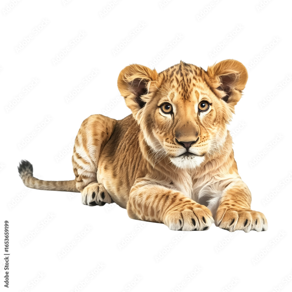 Fototapeta premium A young lion cub lying down on transparent background