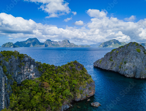 Island hopping at El Nido, Palawan, Philippines archipelago. Tour A, B, C, D with traditional Filipino boats. Aerial drone view
