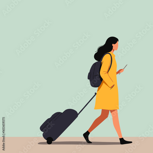 Young woman walking with suitcase and backpack while using phone  