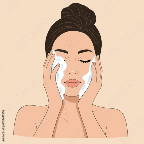 Young woman cleansing her face with foam in skincare routine  