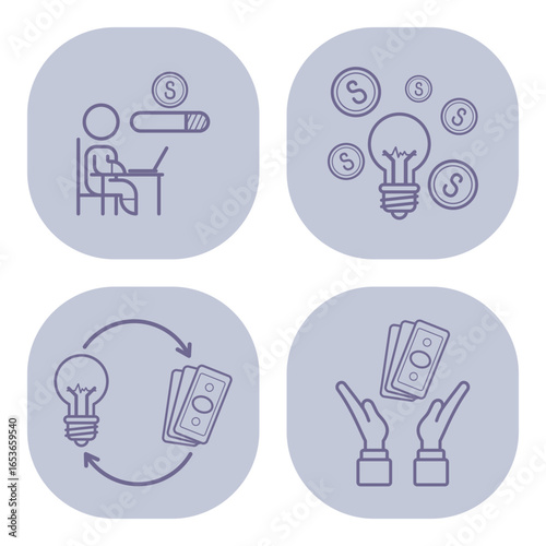 Collection of line icons showcasing various financial growth concepts, including investment, idea generation, and money management. Finance and business concept