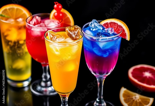 Wallpaper Mural Close-up of colorful cocktails in glasses with ice, garnishes, on black background,   shadow,  nightclub Torontodigital.ca