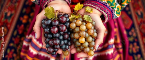Close-up of hands holding grape bunches, traditional Moldovan attire, national carpet background,  embroidery,   pattern