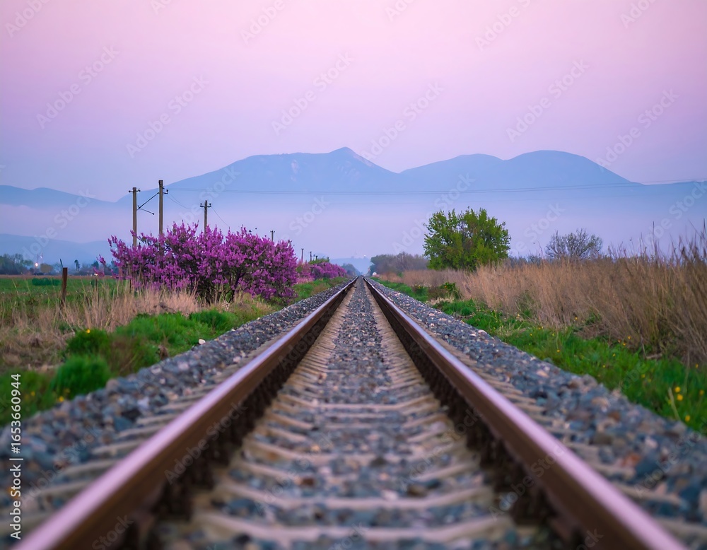 Fototapeta premium Railroad tracks stretching into a mountain range at dusk, with pink blossoms