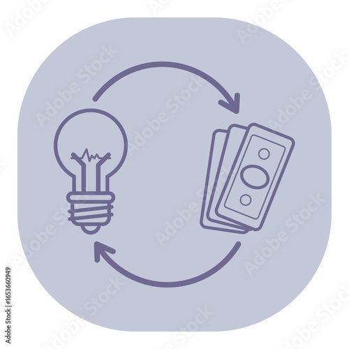Relationship between creativity and financial reward. Light bulb symbolizing ideas, while money representing their monetary value, showing cycle of exchange