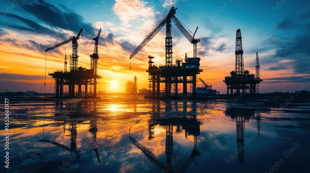 Obraz premium offshore oil rig, industrial oil platform, sunset reflection, dramatic sky, silhouette, beautiful landscape, dramatic lighting, golden hour, atmospheric, cinematic, highly detailed, digital painting, 