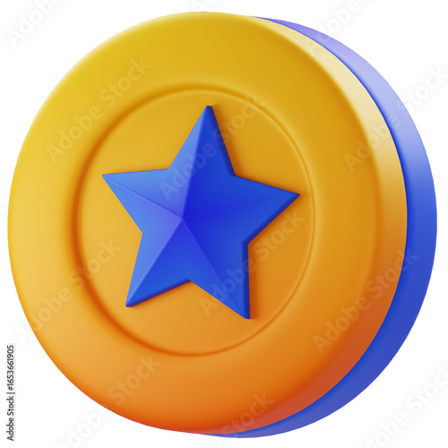 3D Render Golden coin with blue star emblem; ideal for rewards, loyalty programs, gamification, and digital badge visuals.