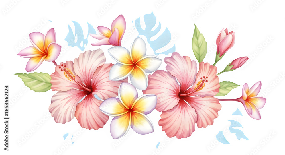 Obraz premium Watercolor Tropical Flower Bouquet - Hibiscus, Plumeria, Exotic Botanical Art, Vibrant Floral Illustration, Summer Nature Graphic