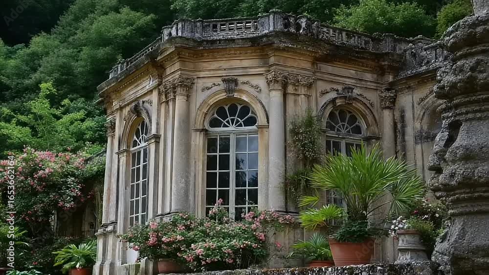 Ornate stone structure with lush greenery Ornate stone structure with lush greenery