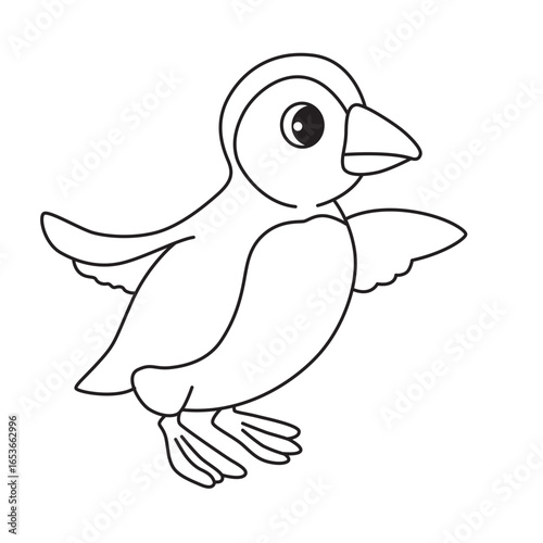 Cartoon penguin line art with open wings, cute outline illustration for kids coloring, fun, creativity, and early learning practice.
