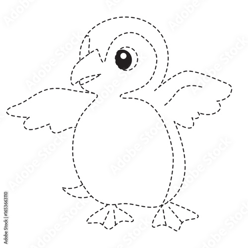 Cartoon bird dotted outline with open wings, educational tracing illustration for kids drawing, coloring, creativity, fun, and early learning.
