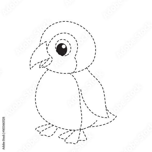 Cute cartoon chick dotted outline with big eye, tracing art for children’s drawing, coloring, early education, and creative practice.
