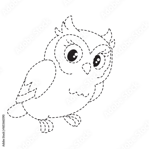 Cute owl dotted tracing line art, educational illustration for children’s drawing practice, coloring, creativity, and early learning activity.
