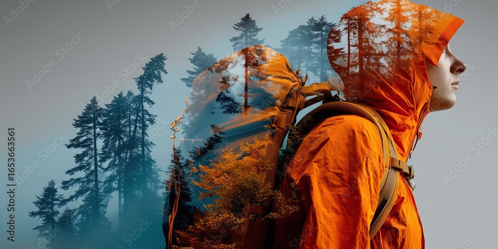 Fototapeta premium Double exposure image of a hiker overlaid with a pine forest