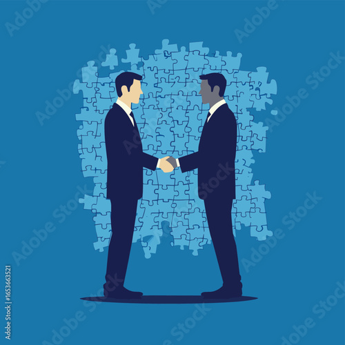 Two businessmen shaking hands with blue puzzle pieces background partnership agreement teamwork vector illustration, vector style simple color