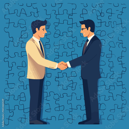 Two businessmen shaking hands with blue puzzle pieces background partnership agreement teamwork vector illustration, vector style simple color