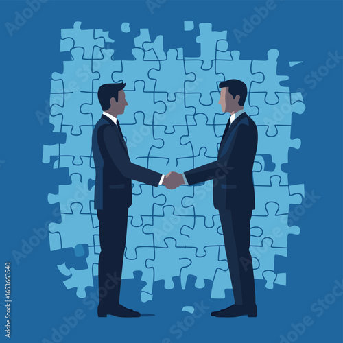 Two businessmen shaking hands with blue puzzle pieces background partnership agreement teamwork vector illustration, vector style simple color