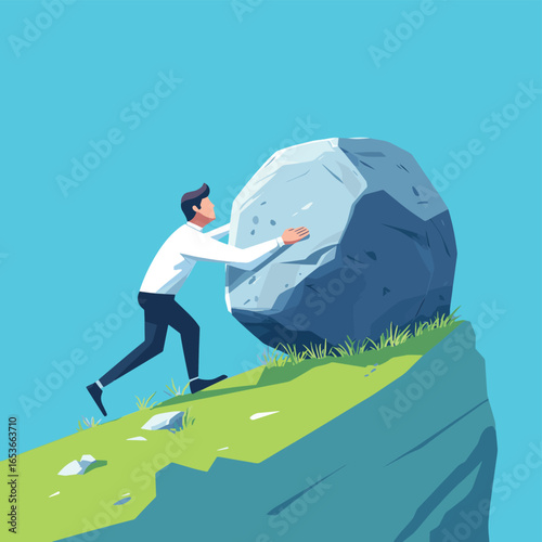 Businessman pushing giant boulder uphill on grassy slope effort persistence challenge success concept vector illustration, vector style simple color