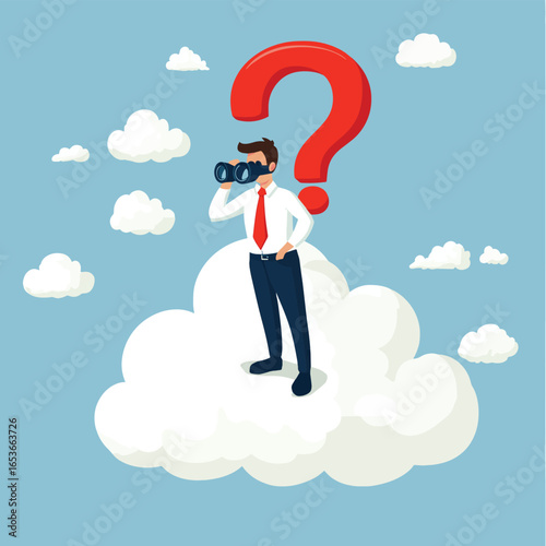 Businessman with binoculars standing on cloud with red question mark searching for answers concept vector illustration, vector style simple color