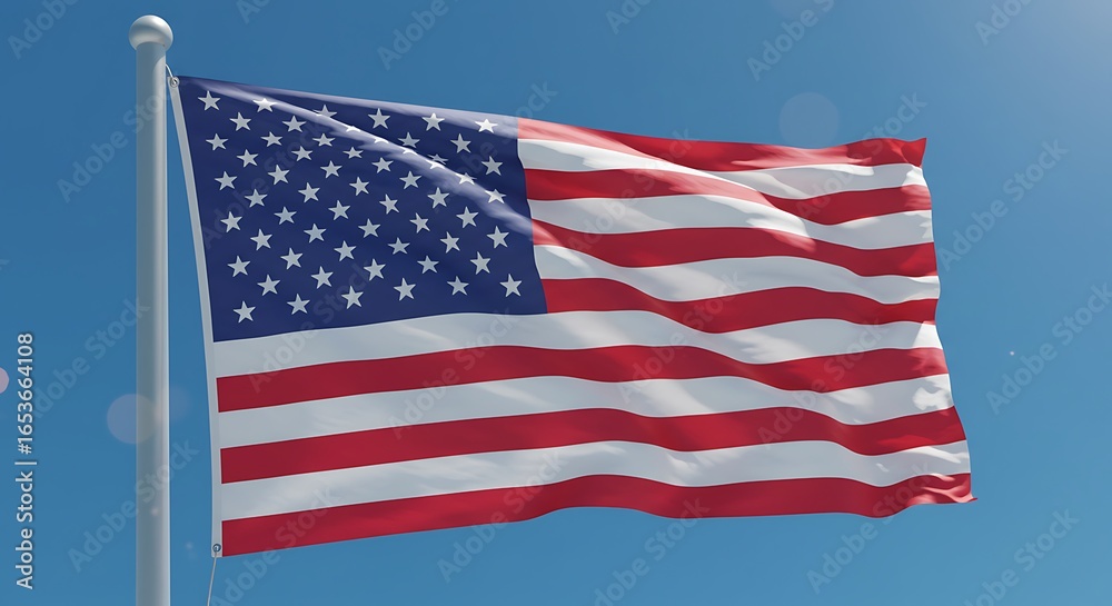 Obraz premium American Flag Waving in Bright Blue Sky During Daytime