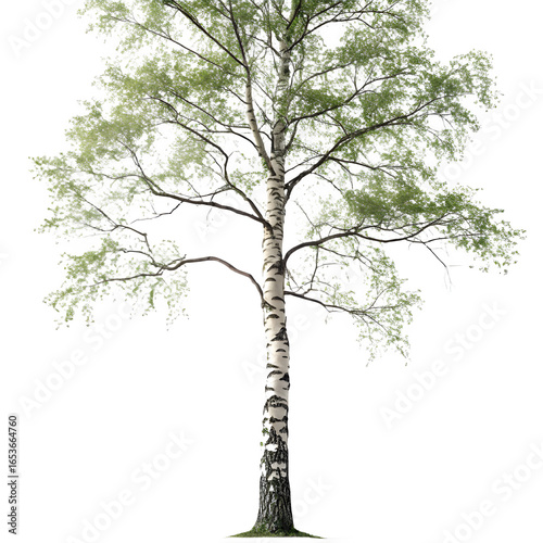 A solitary birch tree with green foliage against a stark black background