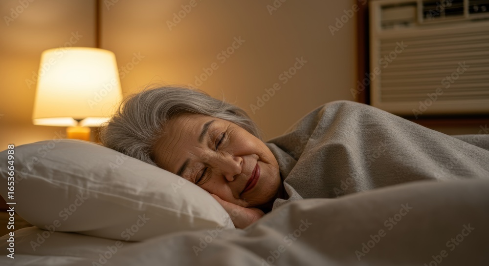 Fototapeta premium 熱中症予防で冷房を入れて睡眠する高齢者