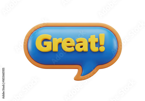 Blue speech bubble with yellow text saying great isolated on transparent background