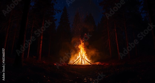 Bonfire Night, Campfire Flames, Forest Fire, Night Sky, Outdoor Adventure