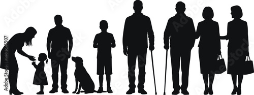 Silhouette family generations people standing together, children, adults, seniors, life stages, diversity, community, support, aging process, vector illustration