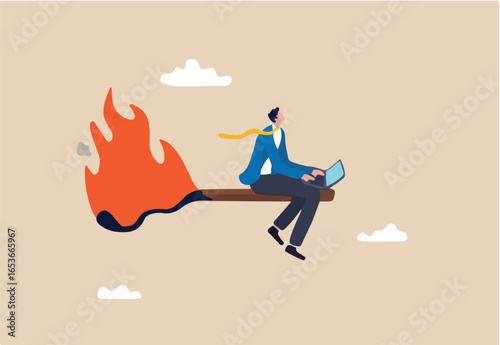 Burnout from overworked or pressure to finish within deadline, frustration or exhausted worker, despair employee or trouble concept, desperate businessman working with laptop on burning matchstick.