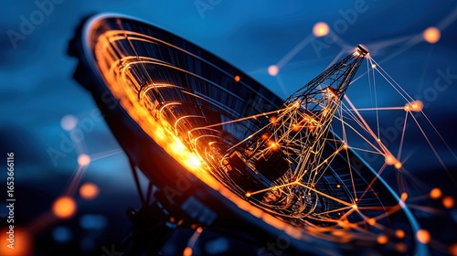 Close up view of an orange glowing satellite dish surrounded by abstract network lines and luminous nodes