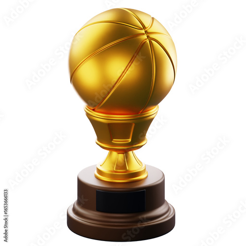 3D Render Shiny gold basketball trophy on wooden pedestal, suitable for sports awards, marketing, and event branding.