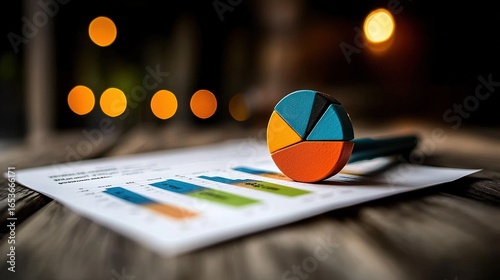 Colorful wooden pie chart puzzle piece rests on a business document with bar graphs and text illuminated by bokeh lights