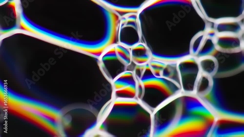 Close-up view of iridescent soap bubbles, exhibiting vibrant rainbow colors