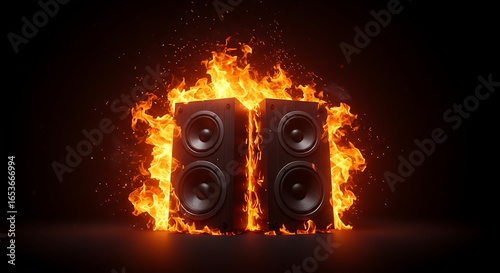 Black Speaker Speakers with Fire Flames Glowing in Dark Background