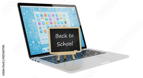 Laptop with chalkboard sign saying back to school isolated on transparent background