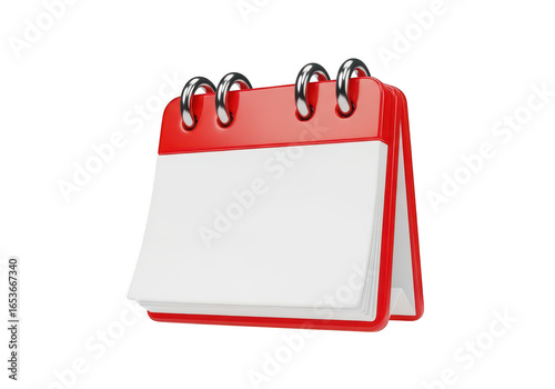 Red open desk calendar with blank white pages isolated on transparent background