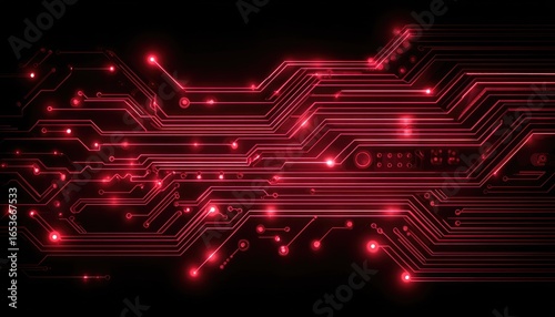 Abstract red circuit board design on black background
