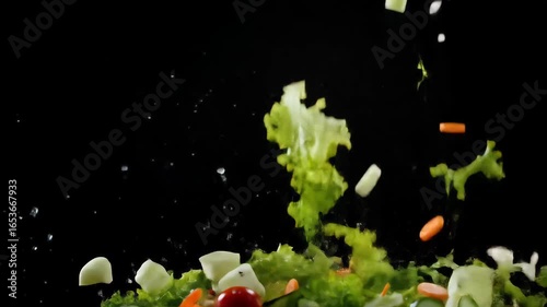 Fresh salad ingredients gracefully falling in slow motion studio shot