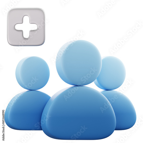 3D Render Blue group icon with a plus sign, indicating user onboarding and account addition for apps and marketing.